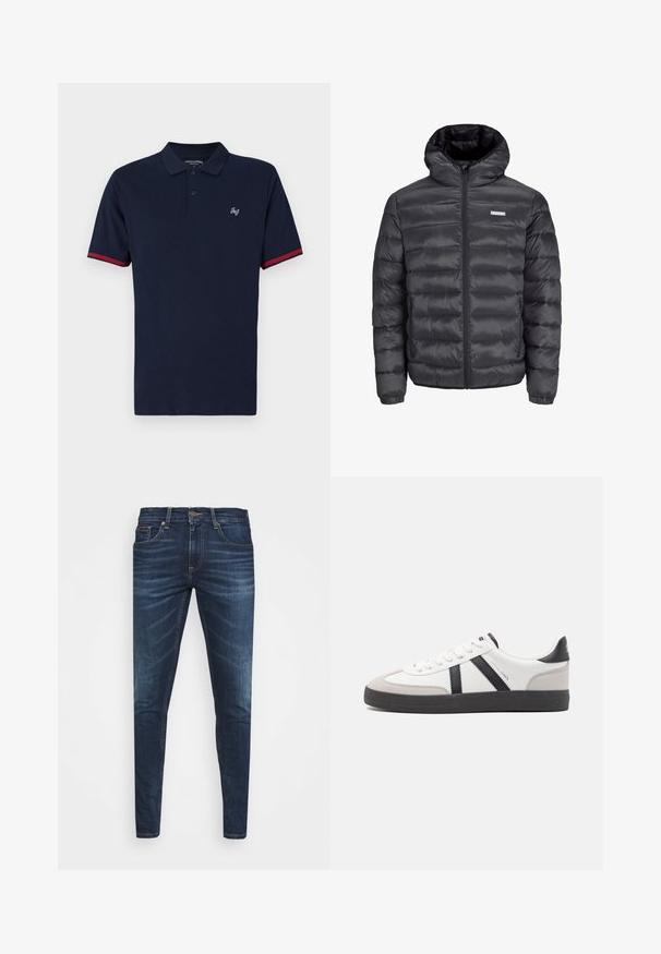 Černá péřová bunda s kapucí, obsahující vodorovně prošívané části, přední zip a dvě boční kapsy na zip. Hladká textura.; Námořnicky modré polo tričko z bavlny s krátkými rukávy, dvouknoflíkovou légou, červeným akcentem na rukávech a vyšitým logem na hrudi.; Tmavě modré džíny z denimu s úzkým střihem, jemným vyblednutím, pěti kapsami a kovovým zapínáním na knoflík. Šité akcenty v kontrastní barvě.; Bílé tenisky s černými a šedými akcenty, opatřené texturovaným šedým prstovým krytem, černou gumovou podrážkou a plochými bílými tkaničkami. Čistý design, minimalistický styl.