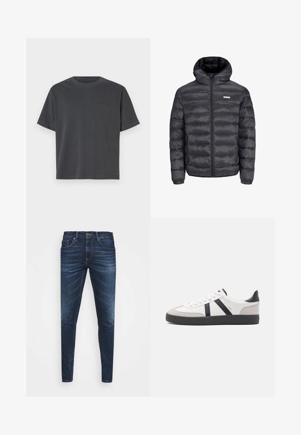 Must must jacket kapuutsiga, millel on horisontaalsed tikandid, ees tõmblukk ja kaks tõmblukuga külgetaskut. Sujuv tekstuur.; Tumehall puuvillane T-särk ümmarguse kaelusega, lühikeste varrukatega, otse alläärega ja diskreetse teksti detailiga rinnal.; Tumedat sinised teksad kitsas lõikes, kerge kulumisega, viie taskuga ja metallnööbiga sulgemine. Õmmeldud aktsendid kontrastsetes värvides.; Valged tossud mustade ja hallide aktsentidega, tekstureeritud halli varbakattega, musta kummitald ja lamedad valged paelad. Puhtad jooned, minimalistlik stiil.