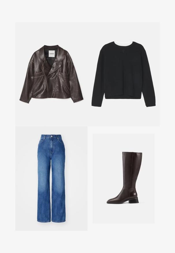 Hnědá kožená bunda s klopovým límcem, asymetrickým zapínáním na knoflíky a výraznými bočními kapsami. Obsahuje kontrastní švy.; Černá mikina s dlouhými rukávy, kulatým výstřihem a mírně zkráceným spodním lemem. Vyrobena z měkkého materiálu, s jemným logem na přední straně.; Modré denimové kalhoty širokého střihu s vertikálními bílými pruhy, vysokým pasem a pěti kapsami, s uzávěrem na knoflík a zip.; Hnědé kožené boty po kolena s hladkým povrchem, kulatou špičkou a černým podpatkem. Jednoduchý design s minimem kovových detailů.