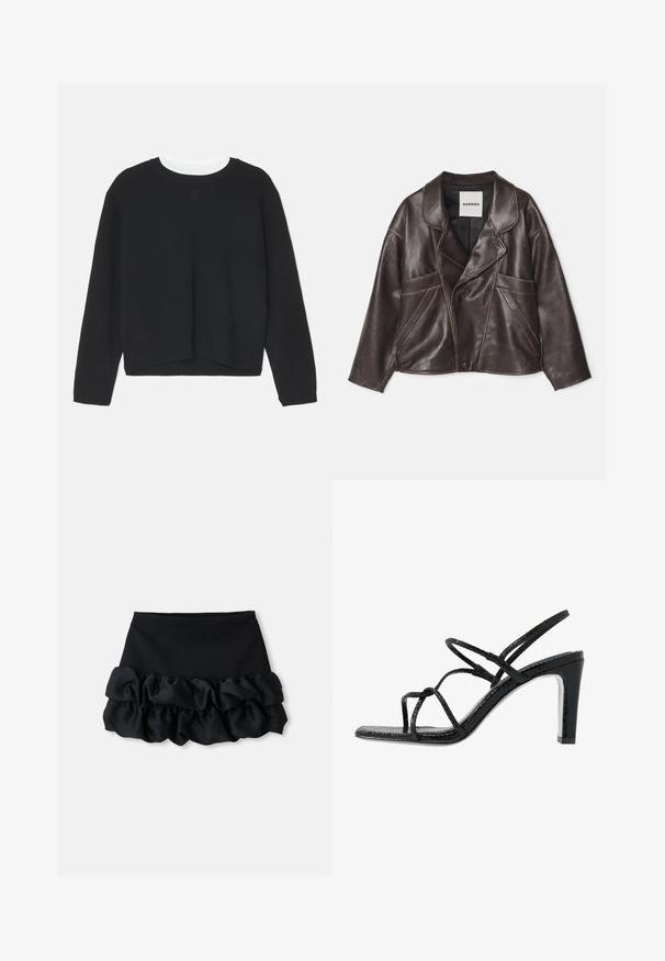 Brązowa skórzana kurtka z wyprofilowanym kołnierzem, asymetrycznym zapięciem na guziki i wyraźnymi kieszeniami bocznymi. Posiada kontrastowe detale w przeszyciach.; Czarny sweatshirt z długimi rękawami, okrągłym dekoltem i lekko krótkim dołem. Wykonany z miękkiego materiału, z delikatnym logo z przodu.; Czarna mini spódnica z dopasowanym topem i trzema warstwami falban u dołu, o gładkiej teksturze i prostych liniach.; Czarne sandały na obcasie z cienkimi paskami, teksturowanym wykończeniem, otwartym palcem oraz eleganckim, spiczastym kształtem obcasa. Posiadają gładką wkładkę oraz błyszczącą powierzchnię.