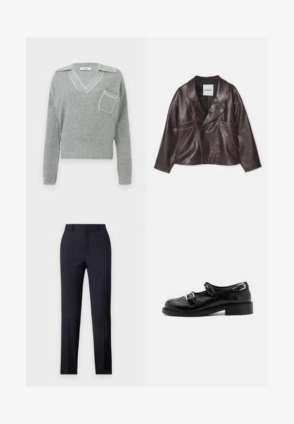 Rjava usnjena jakna z izrezanim ovratnikom, asimetričnim zapiranjem s gumbi in izrazitimi stranskimi žepi. Ima kontrastne šive.; Sivkasta pletena majica z V-izrezom in kontrastnim belim robom, z sprednjim žepom in dolgimi rokavi. Lahka tekstura.; Zadnje hlače v mornarično modri barvi s ravnim krojem, ki imajo gladko teksturo, dve sprednji žepki in čisto pasnico.; Črne usnjene čevlje z brogu podrobnostmi, ki vključujejo dva zaponka, okroglo konico in nizko peto. Gladka tekstura z sijočim zaključkom.