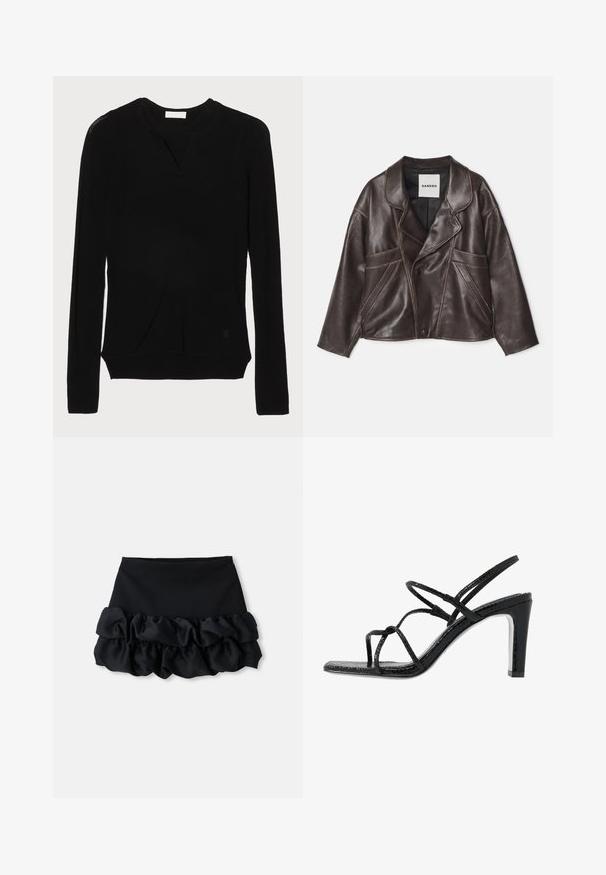 Bruine leren jas met een omgeslagen kraag, asymmetrische knoopsluiting en opvallende zijzakken. Bevat contrasterende stikdetails.; sandro Trui - noir; Zwarte mini-jurk met een aansluitende top en drie lagen ruches aan de onderkant, met een gladde textuur en strakke lijnen.; Zwarte hoge sandalen met dunne banden, een gestructureerde afwerking, open teen en een slank, puntig hakontwerp. Beschikt over een gladde inlegzool en een glanzend oppervlak.