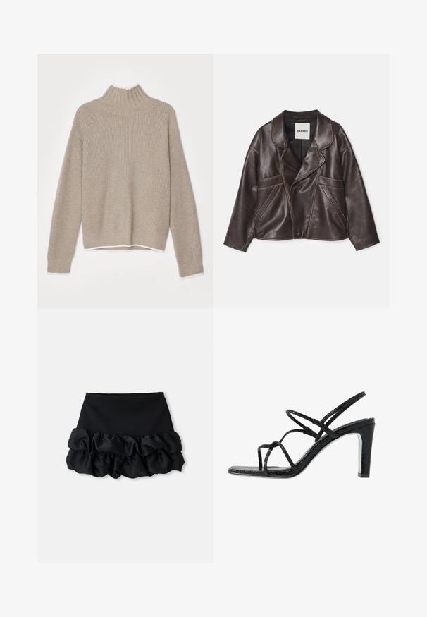Braune Lederjacke mit schmalem Kragen, asymmetrischem Knopfverschluss und auffälligen seitlichen Taschen. Verfügt über kontrastierende Nähte.; Beige gestrickter Pullover mit hohem Stehkragen, gerippter Textur, langen Ärmeln und weißem Saum sowie Trimmen an den Bündchen. Rückansicht dargestellt.; Schwarzer Minirock mit tailliertem Oberteil und drei Lagen aus gerafftem Stoff am Saum, mit glatter Textur und klaren Linien.; Schwarze Absatzsandalen mit dünnen Riemen, strukturiertem Finish, offener Zehenpartie und einem eleganten, spitzen Absatzdesign. Verfügt über eine glatte Innensohle und eine glänzende Oberfläche.