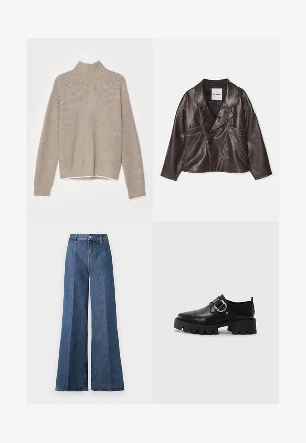 Braune Lederjacke mit schmalem Kragen, asymmetrischem Knopfverschluss und auffälligen seitlichen Taschen. Verfügt über kontrastierende Nähte.; Beige gestrickter Pullover mit hohem Stehkragen, gerippter Textur, langen Ärmeln und weißem Saum sowie Trimmen an den Bündchen. Rückansicht dargestellt.; Weite blaue Jeans mit hoher Taille, im klassischen Five-Pocket-Stil und mit Knopfverschluss, aus strukturierter Baumwollstoff gefertigt.; Schwarze Leder Schuhe mit einer dicken, gerippten Sohle, die mit einer runden silbernen Hardware-Akzent und minimalen Stickdetails ausgestattet sind.