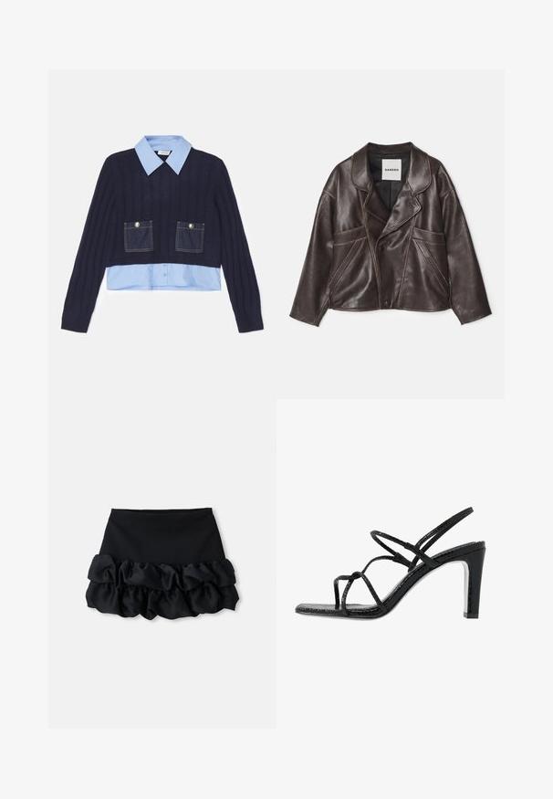 Rudas odinė striukė su įpjautu apykakle, asimetrišku mygtukų uždarymu ir ryškiai matomais šoniniais kišenėmis. Turtinga kontrastinga siuvinėjimo detalė.; sandro JULES - Džemperis - marine; Juoda mini sijonas su prigludusia viršutine dalimi ir trimis raukšlėto audinio sluoksniais apačioje, su lygiu paviršiumi ir švariais kontūrais.; Juodi aukšti sandalai su plonomis dirželėmis, tekstūruotu paviršiumi, atvira kojų pirštų dalimi ir elegantišku, smailiu kulnu. Yra lygus įdėklas ir blizgus paviršius.