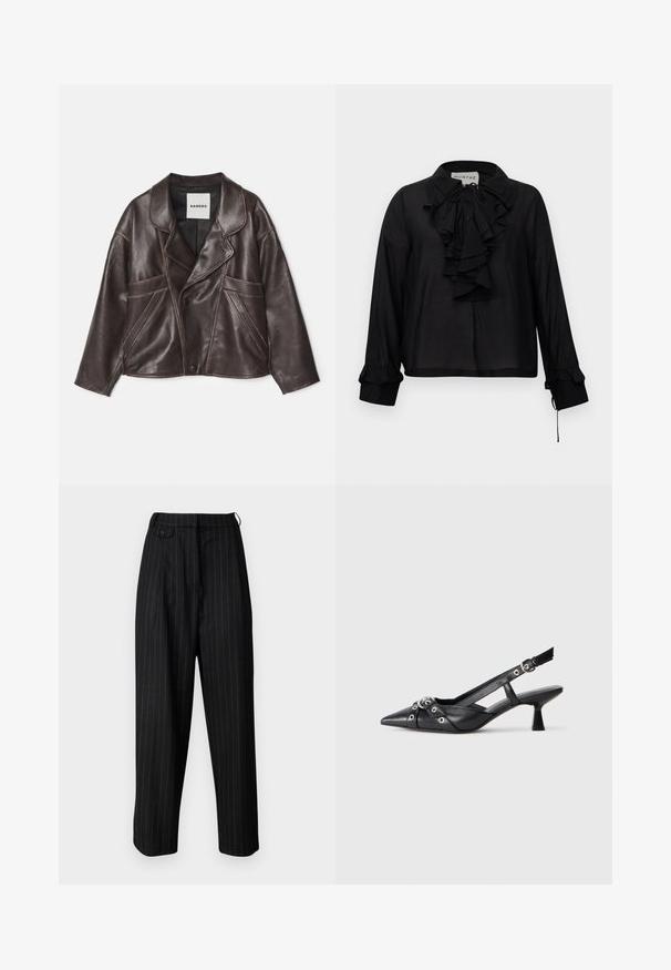 Brun læderjakke med en notch-krave, asymmetrisk knaplukning og fremtrædende sidelommer. Har kontrasterende syninger.; Sort langærmet bluse med flæsefront, bindebånd ved halsen og flæsekanter, præsenteret mod en hvid baggrund.; Sorte, højtsiddende bukser med hvide striber, der har læg, knaplukning og en afslappet pasform. Lavet af glat materiale.; Sort lædersandal med spids tå, dekorative stropper med metaløjer og en lav blokhæl. Struktureret overflade.