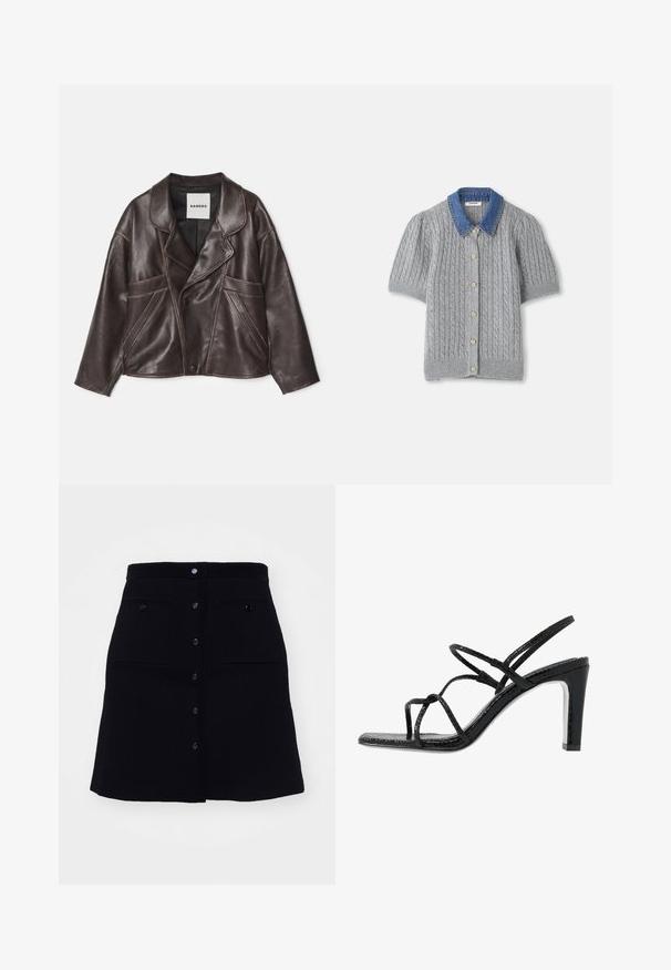 Browns ādas jaka ar iegrieztu apkakli, asimetrisku pogu aizdari un izteiksmīgiem sānu kabatām. Iezīmējas ar kontrastējošām šuvju detaļām.; Pelēks adīts īsām piedurknēm kardigans ar stīgas rakstu, ar džinsa apkakli un pieciem zelta pogām priekšpusē.; sandro JUPE TRAPEZE POCHES - A-silueta svārki - noir; Melnas papēžu siksniņas ar plānām siksnām, teksturētu apdari, atvērtu purngalu un elegantu, smailu papēdi. Iezīmē gludu iekšējo daļu un spīguļojošu virsmu.
