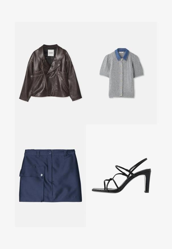 Braune Lederjacke mit schmalem Kragen, asymmetrischem Knopfverschluss und auffälligen seitlichen Taschen. Verfügt über kontrastierende Nähte.; Graue gestrickte Kurzarm-Cardigan mit einem Zopfmuster, ausgestattet mit einem Denim-Kragen und fünf goldenen Knöpfen auf der Vorderseite.; Navyblauer Rock mit glatter Textur, ausgestattet mit einer Seitentasche und einem Knopfverschluss. Maßgeschneiderter Schnitt mit gerader Linie und Taillenbund.; Schwarze Absatzsandalen mit dünnen Riemen, strukturiertem Finish, offener Zehenpartie und einem eleganten, spitzen Absatzdesign. Verfügt über eine glatte Innensohle und eine glänzende Oberfläche.