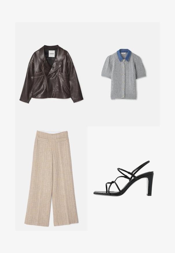 Brun läderjacka med en notchad krage, asymmetrisk knappstängning och framträdande sidofickor. Har kontrasterande sömdetaljer.; Grå stickad kortärmad cardigan med ett flätmönster, med en denimkrage och fem guldfärgade knappar fram.; Beige vida byxor i texturerat tyg med subtil rutmönster; har två bakfickor och en slät midja.; Svarta klacksandaler med tunna remmar, en strukturerad yta, öppen tå och en elegant, spetsig klackdesign. Har en slät innersula och en glänsande yta.
