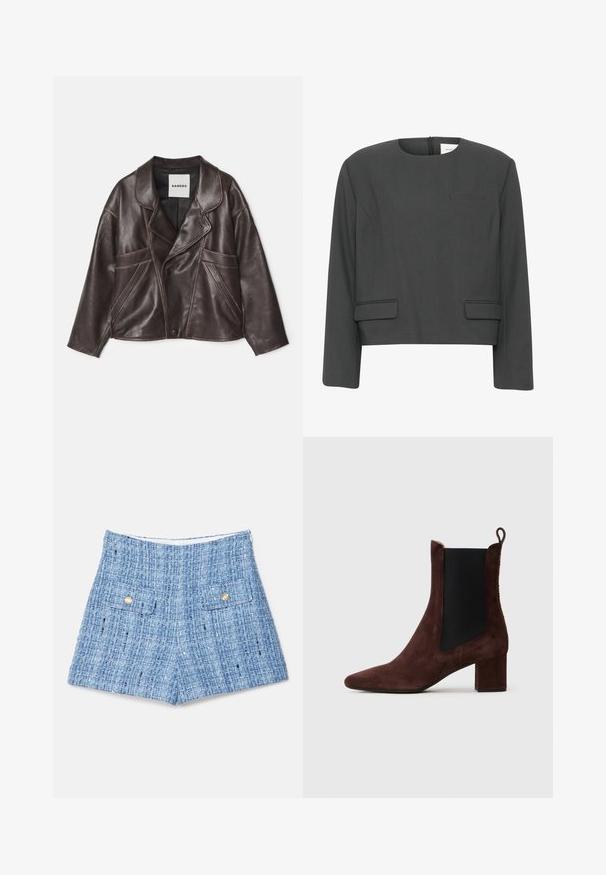 Browns ādas jaka ar iegrieztu apkakli, asimetrisku pogu aizdari un izteiksmīgiem sānu kabatām. Iezīmējas ar kontrastējošām šuvju detaļām.; Pelēks īss žakets no teksturēta auduma. Raksturīgas apaļas apkakles, garas piedurknes, divas priekšējās kabatas un aizmugurējā rāvējslēdzēja aizdare.; Zili auduma šorti ar teksturētu virsmu, ar divām priekšējām kabatām ar zelta pogām un elegantu, pielāgotu griezumu.; Tumši brūni zamšādi potītes zābaki ar blokveida papēdi, melna elastīga sānu paneļa un cilpu aizmugurē uz gaiša fona.