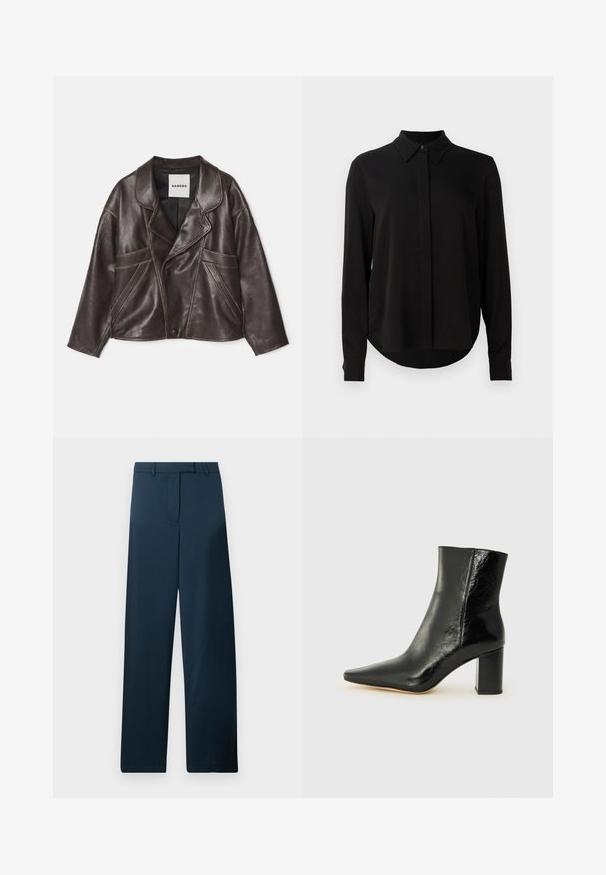 Bruine leren jas met een omgeslagen kraag, asymmetrische knoopsluiting en opvallende zijzakken. Bevat contrasterende stikdetails.; Zwarte blouse met lange mouwen, spitse kraag, verborgen knoopsluiting en afgeronde zoom tegen een eenvoudige witte achtergrond.; Marineblauwe wijde broek met een zachte textuur, een vlakke voorkant en een riemlus. Kenmerkt zich door een minimalistisch ontwerp zonder zichtbare patronen of accenten.; Zwarte enkellaarsjes van glanzend leer met een puntige neus en een stevige, vierkante hak. Heeft een gladde textuur en een minimalistisch ontwerp.