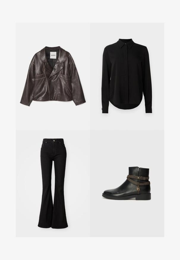 Braune Lederjacke mit schmalem Kragen, asymmetrischem Knopfverschluss und auffälligen seitlichen Taschen. Verfügt über kontrastierende Nähte.; Schwarze Bluse mit langen Ärmeln, spitzem Kragen, verdeckter Knopfleiste und abgerundetem Saum vor einem schlichten weißen Hintergrund.; Schwarze Schlagjeans aus Denim, mit hoher Taille, Knopfverschluss und klassischem Fünf-Taschen-Design. Glatte Textur und einheitliche Farbe.; Schwarze Leder-Stiefelette mit flacher Sohle, ausgestattet mit einem braunen gemusterten Riemen und goldfarbenen Hardware-Details. Glatte Textur.