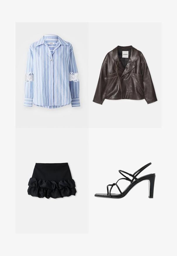 Giacca di pelle marrone con colletto a punte, chiusura asimmetrica con bottoni e ampie tasche laterali. Presenta dettagli di cucitura a contrasto.; sandro HAUT - Camicia - bleu/blanc; Gonna mini nera con una parte superiore aderente e tre strati di tessuto arricciato nella parte inferiore, con una consistenza liscia e linee pulite.; Sandali neri con tacco alto, dotati di sottili cinturini, finitura testurizzata, punta aperta e un design elegante con tacco affusolato. Presentano una soletta morbida e una superficie lucida.