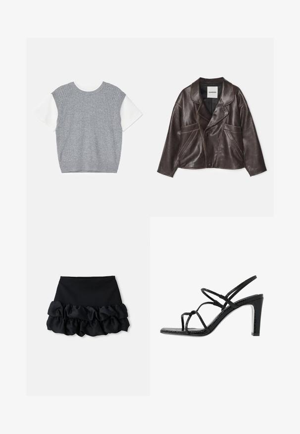 Braune Lederjacke mit schmalem Kragen, asymmetrischem Knopfverschluss und auffälligen seitlichen Taschen. Verfügt über kontrastierende Nähte.; Grau gestrickter Pullover mit kurzen weißen Ärmeln. Strukturierter Rippenstoff, runder Ausschnitt und verkürzter Saum. Weicher Stoff mit lockerer Passform.; Schwarzer Minirock mit tailliertem Oberteil und drei Lagen aus gerafftem Stoff am Saum, mit glatter Textur und klaren Linien.; Schwarze Absatzsandalen mit dünnen Riemen, strukturiertem Finish, offener Zehenpartie und einem eleganten, spitzen Absatzdesign. Verfügt über eine glatte Innensohle und eine glänzende Oberfläche.