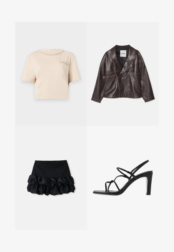 Barna bőrdzseki, kitüntetett gallérral, asszimmetrikus gombzárral és kiemelkedő oldalsó zsebekkel. Kontrasztos varrási részletekkel rendelkezik.; Beige rövidujjú póló, kerek nyakkivágással, gyöngyökkel díszítve, valamint egy kis mellzseb, hasonló gyöngydísszel.; Fekete mini szoknya, amely illeszkedő topból készült, és alján három réteg fodros anyag található, sima textúrával és tiszta vonalakkal.; Fekete magassarkú szandál vékony pántokkal, texturált felsőrésszel, nyitott orral és karcsú, hegyes sarkú kialakítással. Simább talpbélével és fényes felületével rendelkezik.