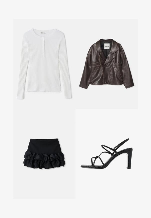 Pruun nahast jakk, millel on nurgeline krae, asümmeetriline nööpide sulgemine ja silmatorkavad küljetaskud. Omab kontrastset tikandi detaile.; Valge pika varrukaga ribikoes top, millel on ümar kaelus ja rida väikeseid nuppe ees. Sile tekstuur ja keha ligi istuv disain.; Mustmust valge mini-seelik, millel on sobituv ülemine osa ja kolm kihti volangidega kangast allosas, sujuva tekstuuri ja puhaste joontega.; Mustad mustekad jalanõud õhukeste rihmadega, tekstuuritud pinnaga, avatud varba ja libiseva, terava kontsaga disain. Omab sileda sisesooli ja läikivat pinda.