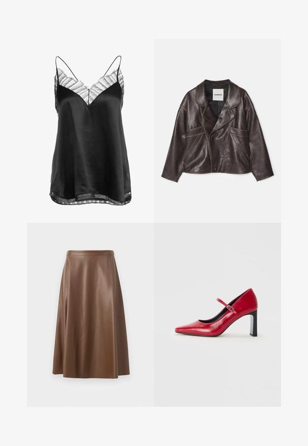 Giacca di pelle marrone con colletto a punte, chiusura asimmetrica con bottoni e ampie tasche laterali. Presenta dettagli di cucitura a contrasto.; Camisole nera in satin con scollatura a V e delicata bordatura in pizzo a righe trasparente lungo il collo e l'orlo, con sottili spalline regolabili.; Gonna A-line in pelle marrone con una texture liscia e un orlo di lunghezza media. Presenta una vita aderente e una leggera svasatura dai fianchi.; Mary Jane rosso con punta a punta, tacco alto e una sola fascia con fibbia argentata su uno sfondo bianco semplice.