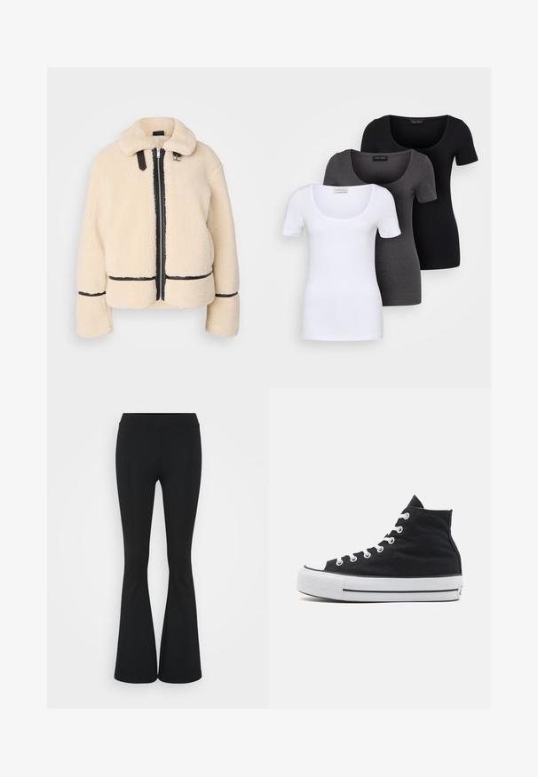 Kermavärinen, pörröinen teddy-takki, jossa on vetoketjukiinnitys, musta vetskari ja nahkaiset yksityiskohdat. Takissa on pehmeä kauluksellinen kaulaosa ja leveät hihat.; Kolme istuvaa T-paitaa valkoisena, harmaana ja mustana. Jokaisessa on leveä avara pääntie ja lyhyet hihat. Valmistettu sileästä ja joustavasta kankaasta.; Mustat leveät housut, jotka on valmistettu joustavasta kankaasta, ja joissa on korkea vyötärö sekä sileä pinta. Housut levenevät polven kohdalla.; Mustat korkeat kangaskengät valkoisella kumitossulla, valkoisilla nauhoilla ja teksturoidulla mustalla päällisellä. Musta-valkoinen raidallinen välipohja.