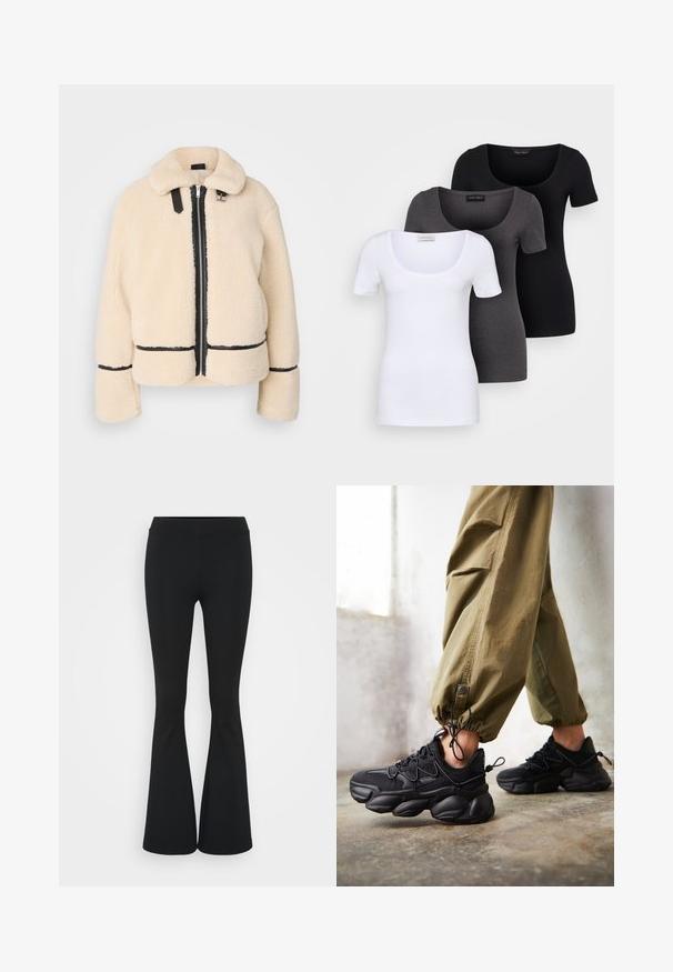 Helle, flauschige Teddyjacke in Cremefarbe mit einem Reißverschluss vorne, schwarzem Reißverschluss und Lederakzenten. Sie hat einen weichen, kragenartigen Hals und weite Ärmel.; Drei figurbetonte T-Shirts in Weiß, Grau und Schwarz. Jedes hat einen weiten Rundhalsausschnitt und kurze Ärmel. Hergestellt aus glattem, elastischem Stoff.; Schwarze, ausgestellte Hosen aus dehnbarem Material mit hohem Bund und glatter Textur. Die Hose weitet sich ab dem Knie.; Eine Person trägt schwarze klobige Sneakers und olivgrüne Cargo-Hosen und steht auf einem Betonboden neben einer weißen Wand.