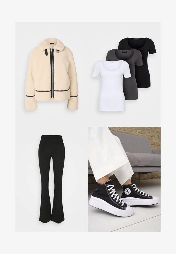 Cream-colored, fluffy teddy jacket with a zip front, black zipper, and leather accents. Features a soft, collared neck and wide sleeves.; Three fitted T-shirts in white, gray, and black. Each features a wide scoop neckline and short sleeves. Made from smooth, stretchy fabric.; Black flared leggings with a smooth texture, high waistband, and fitted silhouette, extending into a flared leg design at the ankle.; Black high-top sneakers with white rubber soles and laces. Features a round logo patch and contrasting white stitching. Canvas material.