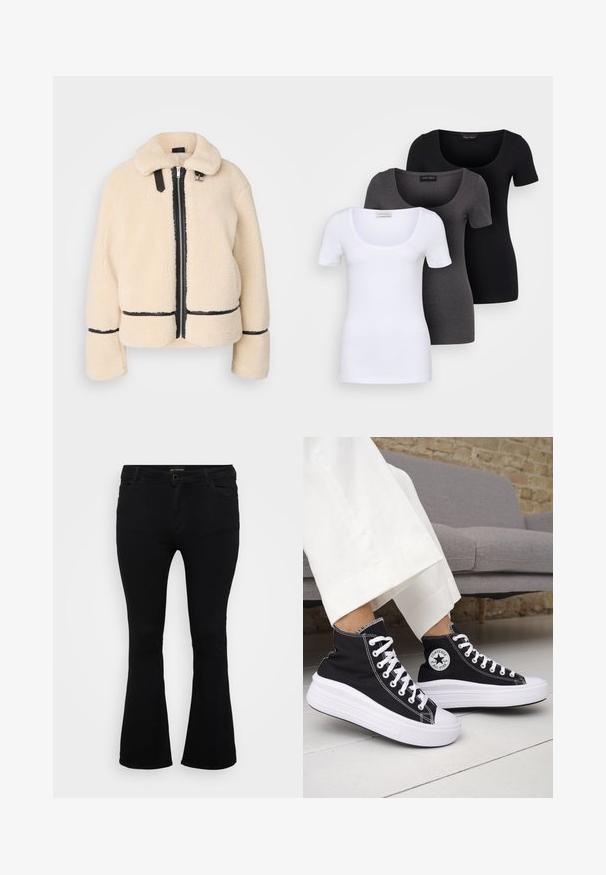 Jachetă pufoasă de culoare crem, cu fermoar în față, fermoar negru și accente din piele. Dispune de un guler moale și ochelari largi.; Trei tricouri ajustate, în alb, gri și negru. Fiecare are un decolteu larg în formă de cerc și mâneci scurte. Fabricate dintr-un material neted și elastic.; Jeans negri evazați din denim, cu închidere buton, cinci buzunare și o textură netedă. Design clasic cu tiv evazat.; Adidași negri înalți cu tălpi și șireturi albe din cauciuc. Prezintă o pată logo rotundă și cusături albe contrastante. Material din pânză.