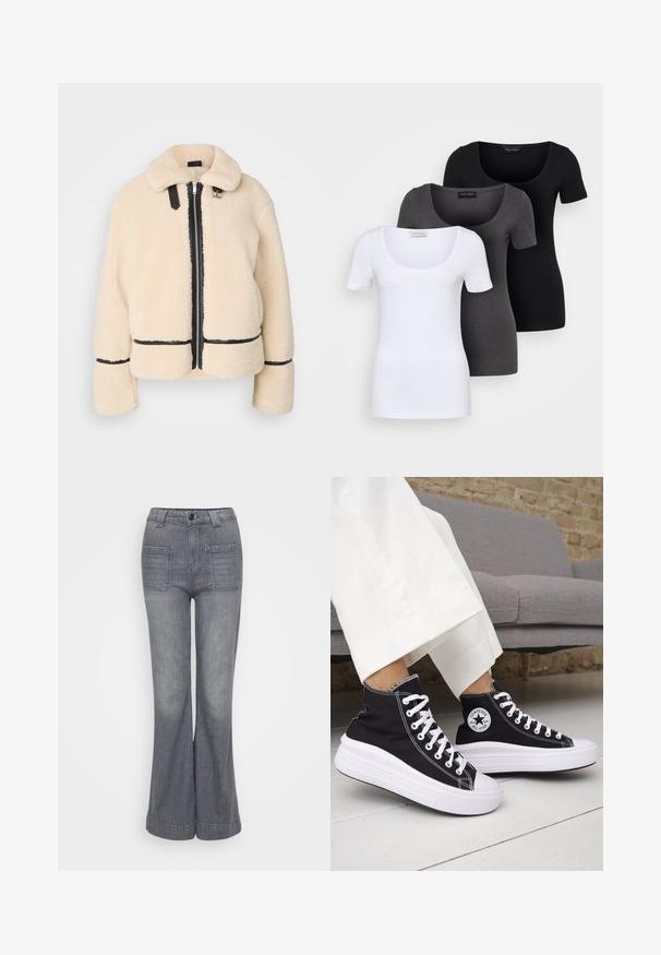 Jachetă pufoasă de culoare crem, cu fermoar în față, fermoar negru și accente din piele. Dispune de un guler moale și ochelari largi.; Trei tricouri ajustate, în alb, gri și negru. Fiecare are un decolteu larg în formă de cerc și mâneci scurte. Fabricate dintr-un material neted și elastic.; Jeans grii evazați din denim, cu un cinturou structurat, închidere cu nasture în față și două buzunare aplicate pe spate. Textură netedă și spălare ușoară.; Adidași negri înalți cu tălpi și șireturi albe din cauciuc. Prezintă o pată logo rotundă și cusături albe contrastante. Material din pânză.