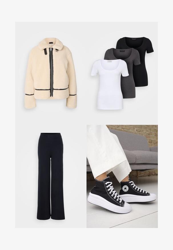 Kremfarget, fluffy teddy-jakke med glidelås foran, svart glidelås og lærdetaljer. Har en myk, kraget hals og vide ermer.; Tre figurerte T-skjorter i hvit, grå og svart. Hver har en bred scoop-nakke og korte ermer. Laget av glatt, elastisk stoff.; Sorte ribbede vide bukser med en tekstureret overflade og elastisk talje, der har en afslappet pasform og ingen synlig hardware.; Svarte høye sneakers med hvite gummisåler og lisser. Har et rundt logo-merke og kontrasterende hvite sømmer. Laget av lerret.
