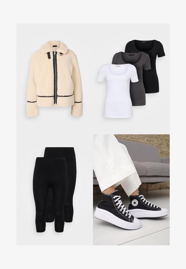 Tejfehér, bolyhos teddy dzseki, elöl cipzárral, fekete cipzárral és bőrdíszítéssel. Puha, galléros nyakkal és széles ujjal rendelkezik.; Három szűkített T-póló fehér, szürke és fekete színben. Mindegyik széles, kerek nyakkal és rövid ujjakkal rendelkezik. Simább, elasztikus anyagból készült.; Fekete, rugalmas, varrás nélküli leggings, középidőig érő hosszúsággal, sima textúrával és kényelmes, rugalmas derékkal.; Fekete magas szárú tornacipők fehér gumitalppal és fűzővel. Kör alakú logófolttal és kontrasztos fehér varrással. Vászon anyagból.