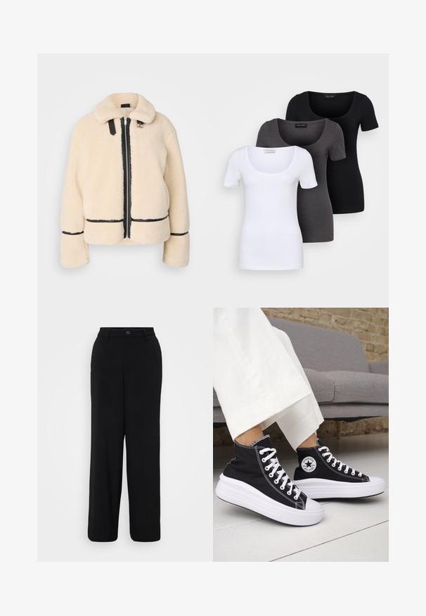 Cream-colored, fluffy teddy jacket with a zip front, black zipper, and leather accents. Features a soft, collared neck and wide sleeves.; Three fitted T-shirts in white, gray, and black. Each features a wide scoop neckline and short sleeves. Made from smooth, stretchy fabric.; Black wide-leg trousers made of a smooth fabric. Features a waistband with a button closure and front crease detailing.; Black high-top sneakers with white rubber soles and laces. Features a round logo patch and contrasting white stitching. Canvas material.