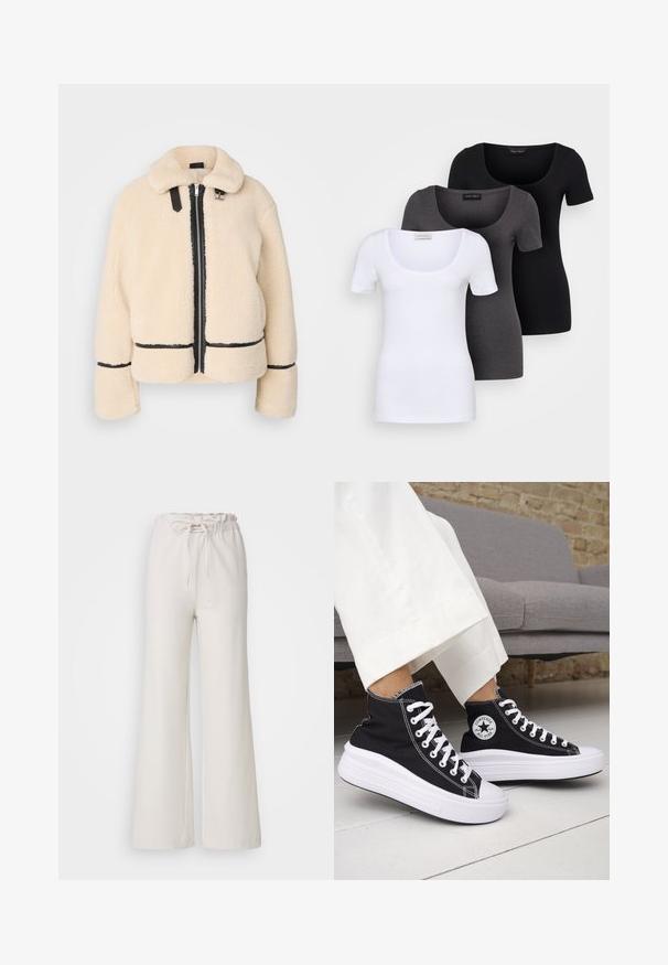 Jachetă pufoasă de culoare crem, cu fermoar în față, fermoar negru și accente din piele. Dispune de un guler moale și ochelari largi.; Trei tricouri ajustate, în alb, gri și negru. Fiecare are un decolteu larg în formă de cerc și mâneci scurte. Fabricate dintr-un material neted și elastic.; Pantaloni largi de culoare bej deschis, cu talie elastică și cordon ajustabil. Confecționați dintr-un material neted; au un design simplu, neîmpodobit.; Adidași negri înalți cu tălpi și șireturi albe din cauciuc. Prezintă o pată logo rotundă și cusături albe contrastante. Material din pânză.