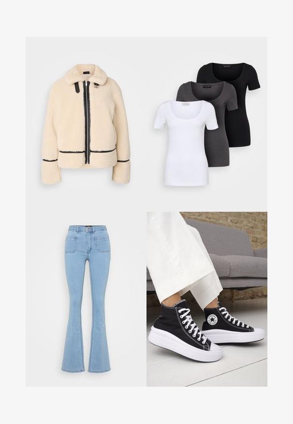 Kermavärinen, pörröinen teddy-takki, jossa on vetoketjukiinnitys, musta vetskari ja nahkaiset yksityiskohdat. Takissa on pehmeä kauluksellinen kaulaosa ja leveät hihat.; Kolme istuvaa T-paitaa valkoisena, harmaana ja mustana. Jokaisessa on leveä avara pääntie ja lyhyet hihat. Valmistettu sileästä ja joustavasta kankaasta.; Vaalean siniset flare-farkut, jotka on valmistettu denimistä. Niissä on korkea vyötärö, viisi taskua ja näkyvät saumat.; Mustat korkeavartiset tennarit, joissa valkoiset kumipohjat ja nauhat. Koristettu pyöreällä logotarralla ja valkoisilla kontrastisaumoilla. Materiaali on canvas.