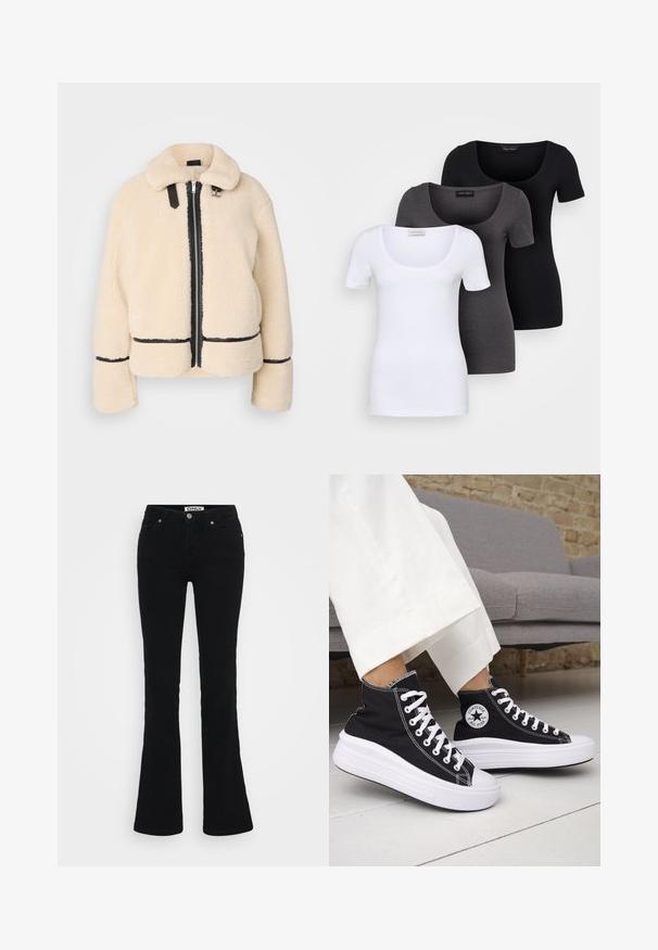 Cream-colored, fluffy teddy jacket with a zip front, black zipper, and leather accents. Features a soft, collared neck and wide sleeves.; Three fitted T-shirts in white, gray, and black. Each features a wide scoop neckline and short sleeves. Made from smooth, stretchy fabric.; Black flared jeans made of denim, featuring a classic five-pocket design, silver hardware, and a button closure at the waist.; Black high-top sneakers with white rubber soles and laces. Features a round logo patch and contrasting white stitching. Canvas material.