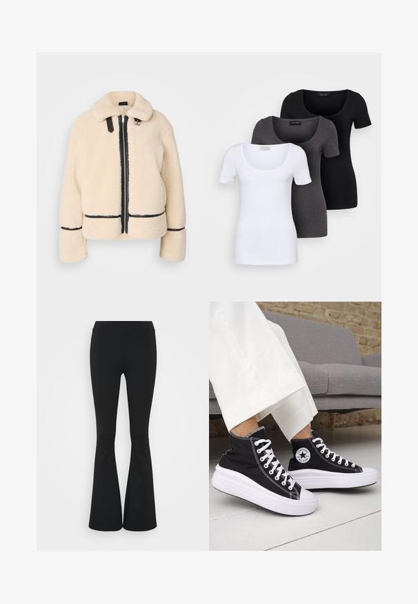 Veste teddy crème, douce et moelleuse, avec fermeture éclair à l'avant, zip noir et accents en cuir. Dispose d'un col doux et de manches larges.; Trois T-shirts ajustés en blanc, gris et noir. Chacun présente un décolleté large et des manches courtes. Fabriqués en tissu lisse et extensible.; Pantalon évasé noir en tissu extensible, présentant une taille haute et une texture lisse. Le pantalon s'élargit à partir du genou.; Baskets montantes noires avec semelles et lacets en caoutchouc blanc. Dotées d'un patch logo rond et de surpiqûres blanches contrastantes. Matière en toile.