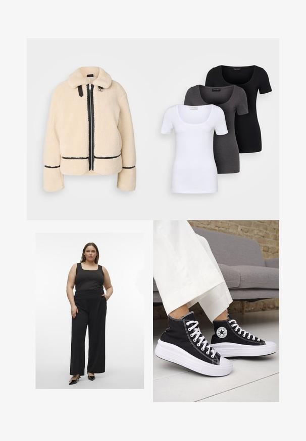 Chaqueta de teddy de color crema, esponjosa, con cierre de cremallera frontal, cremallera negra y detalles de cuero. Presenta un suave cuello con solapas y mangas anchas.; Tres camisetas ajustadas en blanco, gris y negro. Cada una cuenta con un escote amplio y mangas cortas. Están hechas de una tela suave y elástica.; Top negro de tirantes combinado con pantalones holgados negros que presentan botones. El conjunto tiene una textura suave y una silueta moderna y ajustada.; Zapatillas altas negras con suelas de goma blancas y cordones blancos. Presentan un parche redondo con logo y costuras blancas contrastantes. Material de lona.