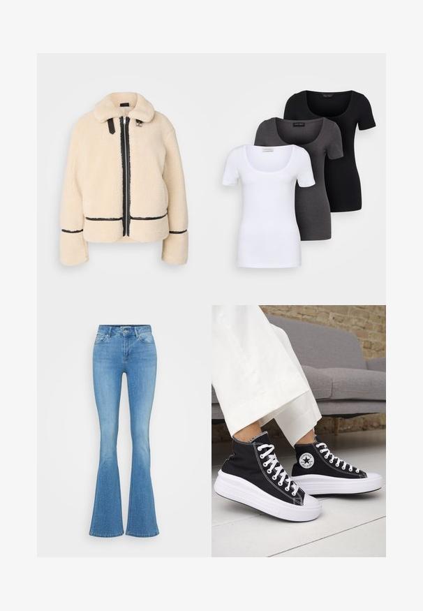 Krēmskrāsas, pūkaina teddy jaka ar rāvējslēdzēja slēgšanu priekšā, melnu rāvējslēdzēju un ādas akcentiem. Iespējo mīksta apkakle un platās piedurknes.; Trīs pieguļoši T-krekli baltā, pelēkā un melnā krāsā. Katram ir plaša izgriezuma kakla un īsas piedurknes. Izgatavoti no gluda, elastīga auduma.; Gaiši zili platā stila džinsi, kas izgatavoti no denima, ar smalkiem rhinestona rotājumiem, piecu kabatu dizainu un pogu aizdari jostasvietā.; Melnas augstās topa kedas ar baltām gumijas zolēm un auklām. Tās ir ar apaļu logotipa uzšuvumu un kontrastējošām baltām šuvēm. Materiāls no kanvas.