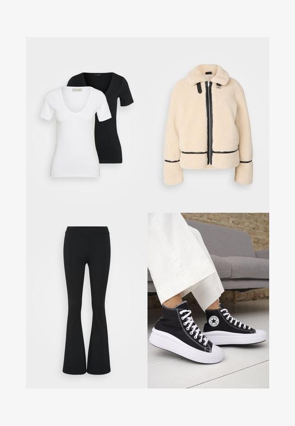 Kremfarget, fluffy teddy-jakke med glidelås foran, svart glidelås og lærdetaljer. Har en myk, kraget hals og vide ermer.; To korte ermer V-hals T-skjorter, en hvit foran og en svart bak, vist på en enkel lys bakgrunn.; Svarte flared bukser laget av elastisk stoff, med høy midje og en glatt tekstur. Buksene vidder ut fra kneet.; Svarte høye sneakers med hvite gummisåler og lisser. Har et rundt logo-merke og kontrasterende hvite sømmer. Laget av lerret.