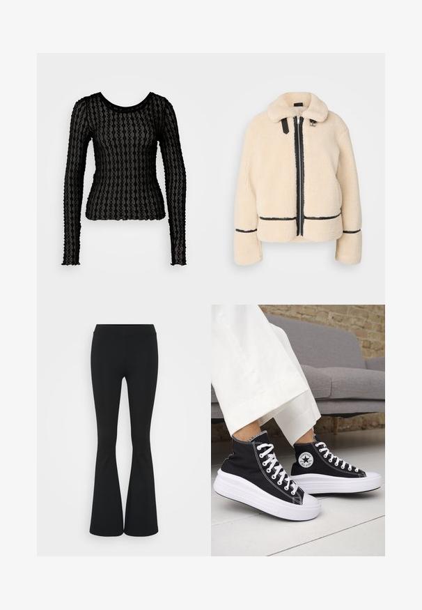 Kremfarget, fluffy teddy-jakke med glidelås foran, svart glidelås og lærdetaljer. Har en myk, kraget hals og vide ermer.; Svart langermet topp laget av gjennomsiktig, strukturert stoff med bølgete stripemønster. Har rund hals og volanger på ermekantene.; Svarte flared bukser laget av elastisk stoff, med høy midje og en glatt tekstur. Buksene vidder ut fra kneet.; Svarte høye sneakers med hvite gummisåler og lisser. Har et rundt logo-merke og kontrasterende hvite sømmer. Laget av lerret.