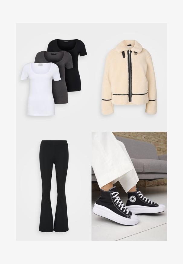 Casaco de teddy, fofinho e de cor creme, com fecho frontal em zip, zíper preto e detalhes em pele. Apresenta um pescoço macio com golas e mangas largas.; Três t-shirts ajustadas em branco, cinza e preto. Cada uma possui um decote amplo e mangas curtas. Feitas de um tecido liso e elástico.; Calças pretas de corte alargado feitas de tecido elástico, com uma cintura alta e uma textura suave. As calças alargam-se a partir do joelho.; Ténis pretos de cano alto com solas e atacadores em borracha branca. Apresentam um emblema redondo e costuras contrastantes em branco. Material em lona.
