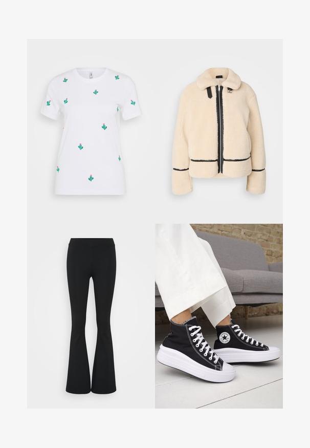 Kremfarget, fluffy teddy-jakke med glidelås foran, svart glidelås og lærdetaljer. Har en myk, kraget hals og vide ermer.; Hvit bomull T-skjorte med korte ermer, med små grønne kaktusdesigne med rosa blomster, jevnt fordelt over stoffet.; Svarte flared bukser laget av elastisk stoff, med høy midje og en glatt tekstur. Buksene vidder ut fra kneet.; Svarte høye sneakers med hvite gummisåler og lisser. Har et rundt logo-merke og kontrasterende hvite sømmer. Laget av lerret.