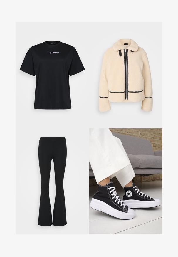 Kermavärinen, pörröinen teddy-takki, jossa on vetoketjukiinnitys, musta vetskari ja nahkaiset yksityiskohdat. Takissa on pehmeä kauluksellinen kaulaosa ja leveät hihat.; Musta puuvillapaita, jossa on lyhyet hihat ja löysä malli. Paidassa on vaaleanviolettina brodeerattu teksti "Day Dreamer". Yksinkertainen muotoilu, ei kuvioita.; Mustat leveät housut, jotka on valmistettu joustavasta kankaasta, ja joissa on korkea vyötärö sekä sileä pinta. Housut levenevät polven kohdalla.; Mustat korkeavartiset tennarit, joissa valkoiset kumipohjat ja nauhat. Koristettu pyöreällä logotarralla ja valkoisilla kontrastisaumoilla. Materiaali on canvas.