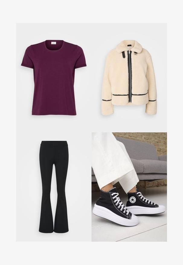 Cream-colored, fluffy teddy jacket with a zip front, black zipper, and leather accents. Features a soft, collared neck and wide sleeves.; Short-sleeve t-shirt in deep burgundy, round neckline, soft cotton fabric, and rolled sleeves. Simple design with a regular fit.; Black flared pants made of stretchy fabric, featuring a high waistband and a smooth texture. The pants flare out from the knee.; Black high-top sneakers with white rubber soles and laces. Features a round logo patch and contrasting white stitching. Canvas material.