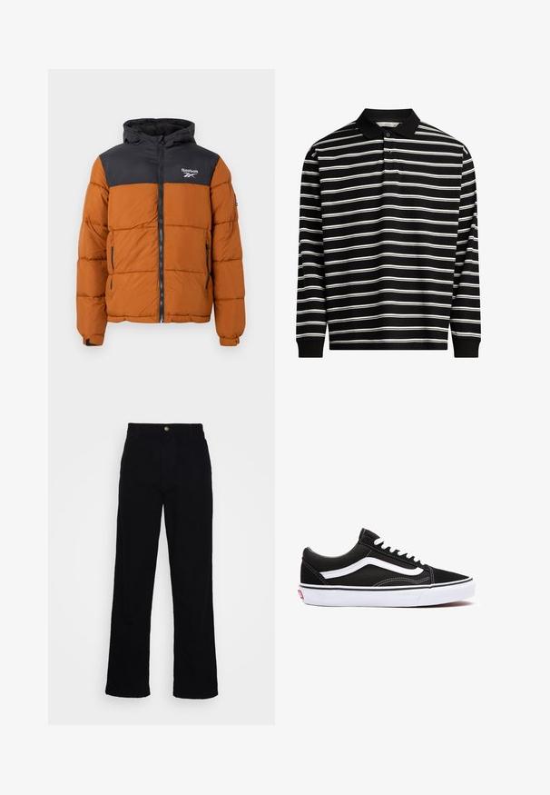 Puffer jacket featuring a black upper section and orange lower section, with a zip front, adjustable hood, and Reebok logo on chest.; Long-sleeve polo shirt crafted from black fabric with white horizontal stripes, featuring a collar and three-button placket.; Black, high-waisted straight-leg trousers made of denim with a smooth texture, featuring a front button closure and five-pocket design.; Black canvas sneaker with white accents, featuring a rounded toe, lace-up design, and rubber sole. Side logo and stitching details visible.