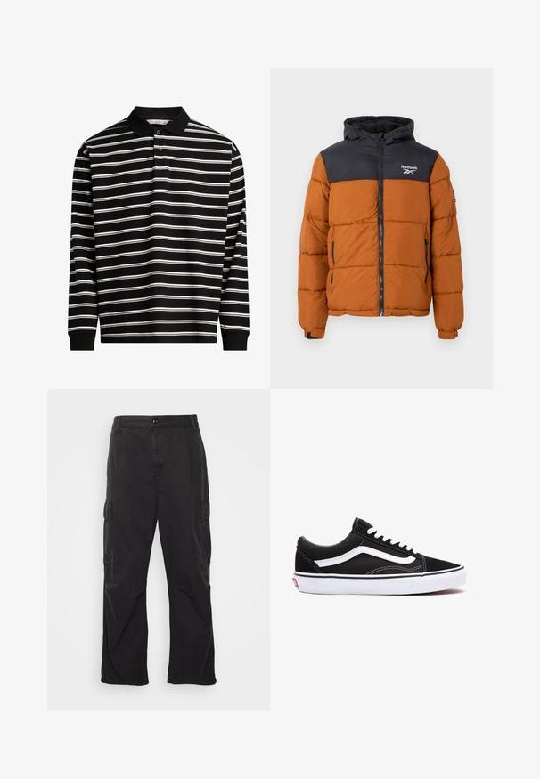 Φουσκωτό μπουφάν με μαύρο επάνω μέρος και πορτοκαλί κάτω μέρος, έρχεται με φερμουάρ μπροστά, ρυθμιζόμενη κουκούλα και λογότυπο Reebok στο στήθος.; Μακρυμάνικη πουκάμισο πόλο φτιαγμένο από μαύρο ύφασμα με λευκές οριζόντιες ρίγες, διαθέτοντας γιακά και μανσέτες με τρεις κουμπιά.; Μαύρο cargo παντελόνι με ίσια γραμμή, που διαθέτει δύο πλαϊνές τσέπες, κλείσιμο με κουμπί και υφή υφάσματος.; Μαύρο καμβαδέ παπούτσι με λευκές λεπτομέρειες, διαθέτοντας στρογγυλή μύτη, σχέδιο με κορδόνια και καουτσούκ σόλα. Ορατό λογότυπο στο πλάι και λεπτομέρειες ραφής.