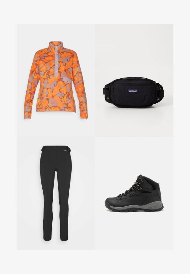 Brūna polsterēta jaka ar augstu apkakli, kapuci, pilnu priekšējo rāvējslēdzēju, divām vertikālām krūšu kabatām un Patagonia logo uz krūšu.; Fleeces pūlis oranžā, dzeltenā un lavandas abstraktā rakstā, ar augstu apkakli, pogas slēptu atklāšanu un priekšējo kabatu.; Melni, pieguļoši bikses, izgatavotas no elastīga materiāla. Iespējas ietver rāvējslēdzēju sānu kabatu, ar artikulētām ceļgaliem un gludu tekstūru.; Melni pārgājienu zābaki ar vidēju augstumu, ar teksturētu augšdaļu, pelēkiem akcentiem un izturīgu gumijas zoli ar saķeres izvirzījumiem.; Melnā Patagonia jostas soma ar rāvējslēdzēju galveno nodalījumu, sieta akcentiem sānos un regulējamu siksnu. Priekšpusē atrodas zīmola logo.