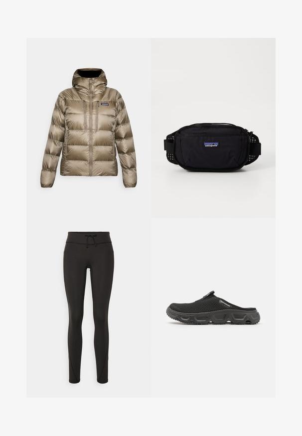 Pruun polsterdatud jakk kõrge kraega, kapuutsiga, täispika eesipööraga, kahe vertikaalse rinnataskuga ning Patagonia logo rinnal.; Musternine Columbia T-särk mustas värvuses, millel on valge ümmargune mägi ja jõe joonistus ning tekst "Columbia Sportswear Company Outside Since 1938."; Mustad kõrge vöökohtadega mustad retuusid, paelaga, sileda tekstuuri ja sobiva disainiga. Külgedel on õmblusdetailid.; Must värvitud võrkkudumislipp-on kingad tekstuuriga kummitald, ümar varvas ja taga tõmblukk. Omab nähtavat õmblust ja peent logo detaili.; Mustmust vest, millelukk ja pingutatav rihmaga, musta värvi. Külgedel on võrguaktsendid ja esiosas on brändi logo.