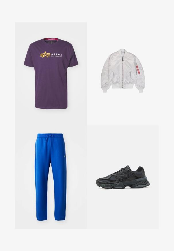 Hvid bomberjakke med frontlynlås, to trykknap-lommer, ribbede manchetter og kant, samt en lynlåslomme på armen med en rød "Remove Before Flight"-mærkat.; Lilla bomulds t-shirt med et gult "A" logo og teksten "ALPHA INDUSTRIES" i hvid. Korte ærmer og rundt halsudskæring.; Blå sweatpants lavet af blødt stof, med en elastisk talje med snøre, tætsiddende ben og en lille logo detalje på siden.; Sorte løbesko med en blanding af mesh og syntetiske materialer, kraftig sål, buet design og fremtrædende branding på siden.