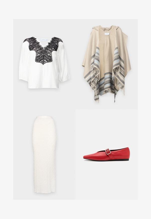 VILA VIEMMA HOODED PONCHO - Mantella - birch; Blusa bianca con dettagli in pizzo nero sul collo, caratterizzata da un taglio a V e maniche a sbuffo. Tessuto liscio con un intricato design in pizzo.; Gina Tricot STRUCTURE MAXI SKIRT - Gonna lunga - white; Scarpa piatta in pelle rossa con punta affusolata, dotata di un cinturino laterale con fibbia in metallo e un tacco basso nero. Texture liscia su tutta la superficie.