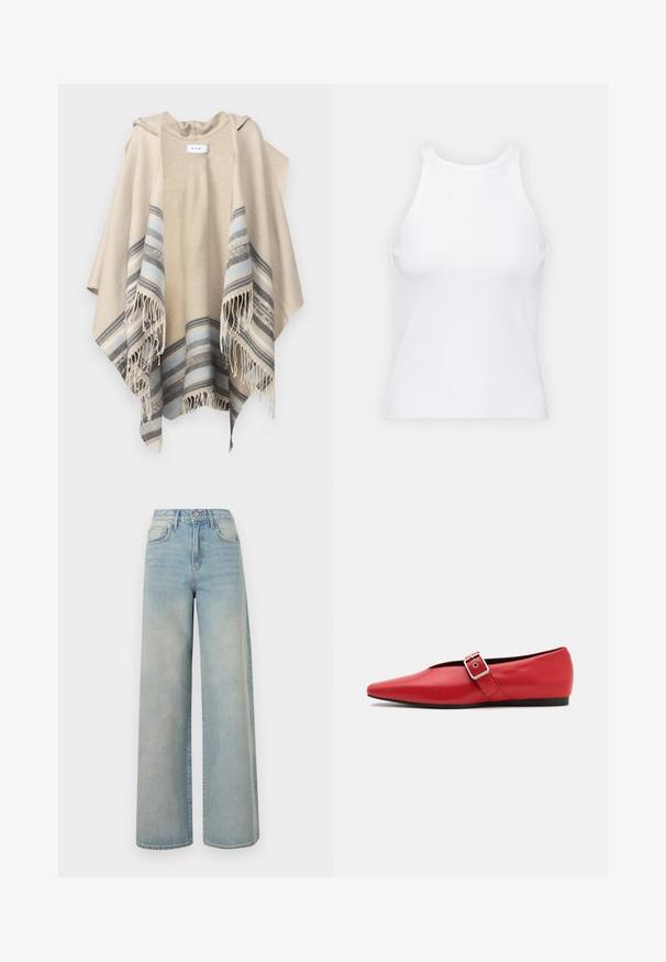 VILA VIEMMA HOODED PONCHO - Poncho - birch; Vit ärmlös linne av ribbat tyg, med rundad halsringning och smal silhuett, med minimala sömmar och utan dekorationer.; Ljust blå denimjeans med vida ben och hög midja, med framfickor, knappstängning och en lätt urtvättad textur.; Röd läderballerinasko med spetsig tå, försedd med en sidrem med en metalldolk och en låg svart klack. Slät textur genom hela skon.