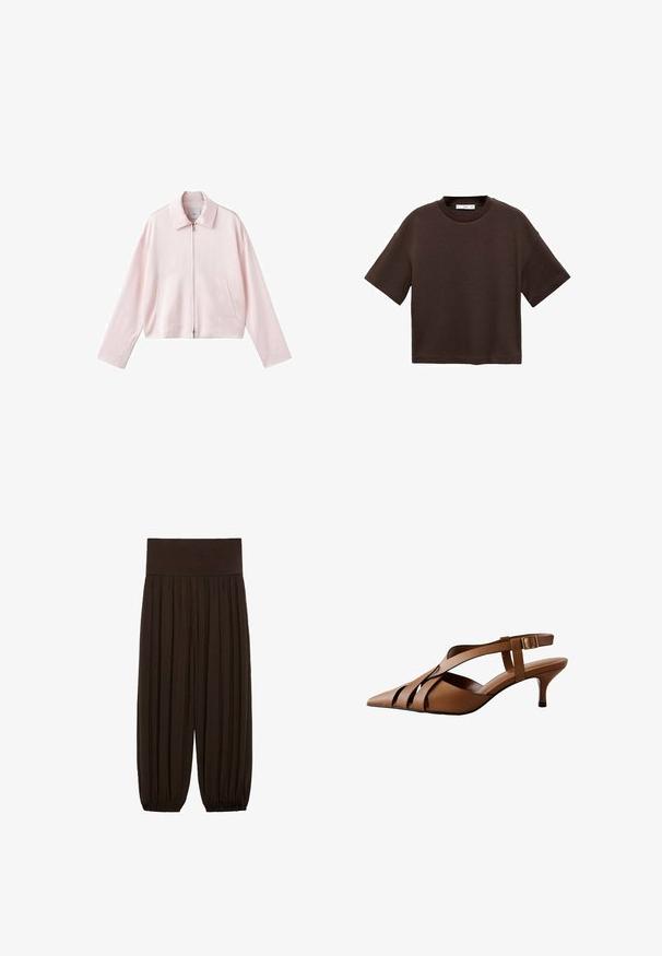Jachetă scurtă de culoare roz deschis, cu guler ascuțit, fermoar frontal și două buzunare laterale. Material neted cu un design simplu și curat.; Tricou scurt cu mânecă scurtă, de culoare maro, fabricat din bumbac moale. Are un decolteu rotund și o croială tip boxy, cu o textură netedă și fără modele vizibile.; Pantaloni plisati maro cu un talie elastică și lată. Țesătura este ușoară și texturată, având tivuri strânse la manșete.; Pantofi cu toc maro din piele, cu vârf ascuțit, având mai multe barete suprapuse și un toc mic, fixați cu o cataramă laterală.