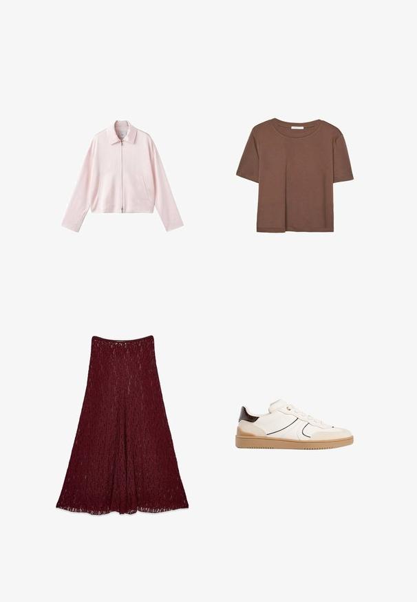 Lys rosa cropped jakke med spids krave, frontlynlås og to sidelommer. Glat stof med et simpelt, rent design.; Brun kortærmet t-shirt lavet af blødt stof, med rund halsudskæring og afslappet pasform. Ingen synlige mønstre eller detaljer.; Lang burgunderfarvet blonde nederdel med A-line silhuet og semitransparent blomstermønster.; Stradivarius Sneakers - white